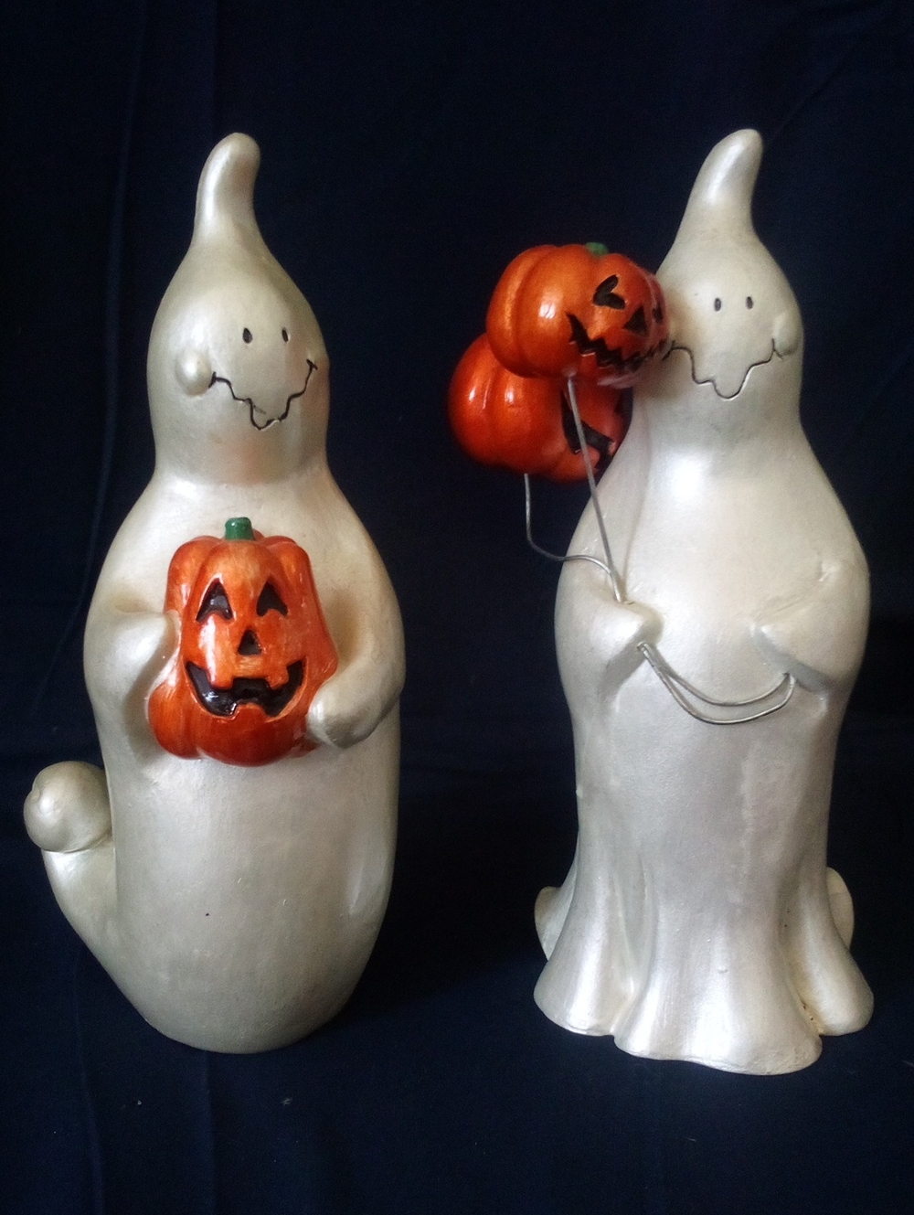 Ghosts With Pumpkins Pottery Vintage Pair 9" Handcrafted